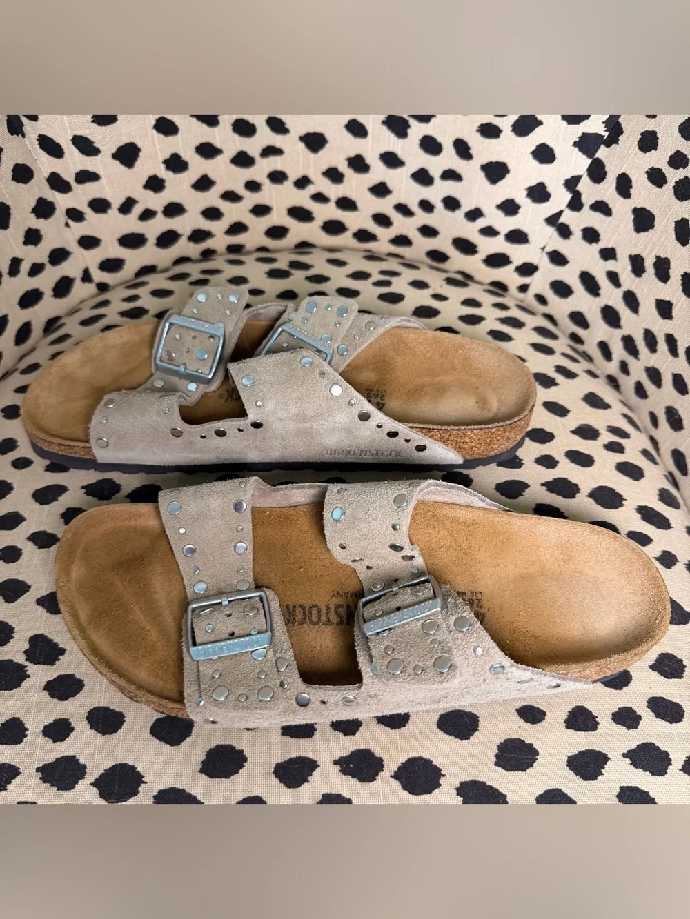 Birkenstock Arizona Rivets Suede Double-Buckle Sandals in Light Taupe with Studs